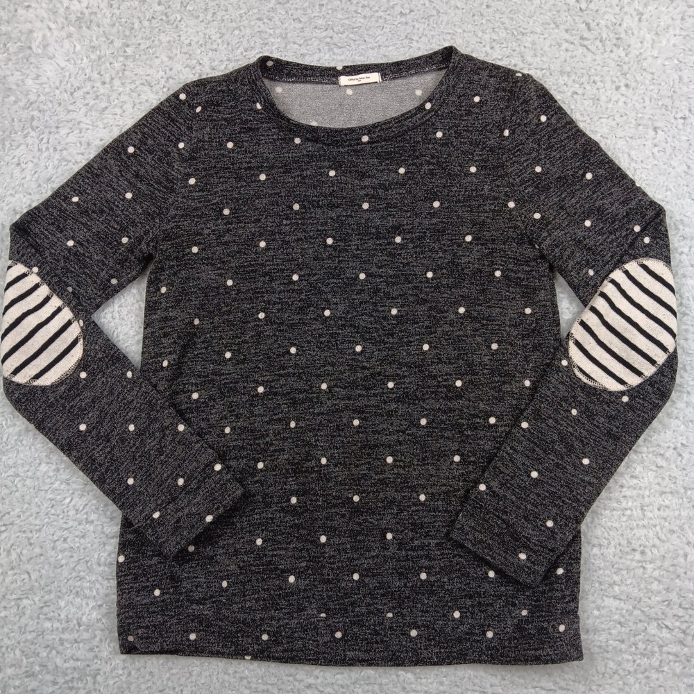 12PM by Mon Ami Pullover Women M Charcoal Polka Dot Striped Elbow Patch A1924